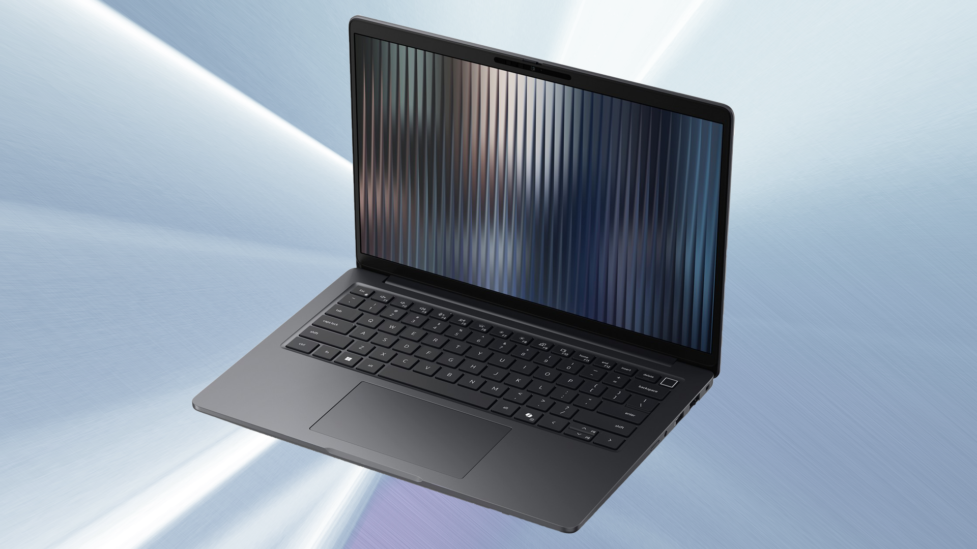 A modern black Dell Pro laptop with a striped screen pattern, positioned diagonally against a blue gradient background.
