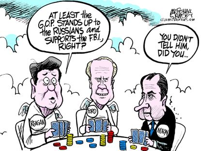 Political cartoon U.S. FBI Russia investigation GOP Raegan Nixon Ford