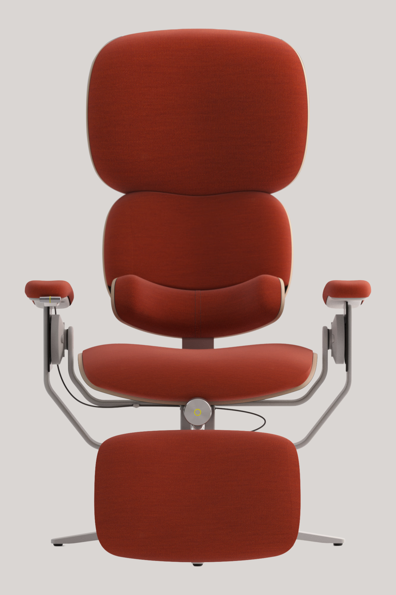 A wellness chair with deep red furnishing and off-white hardware