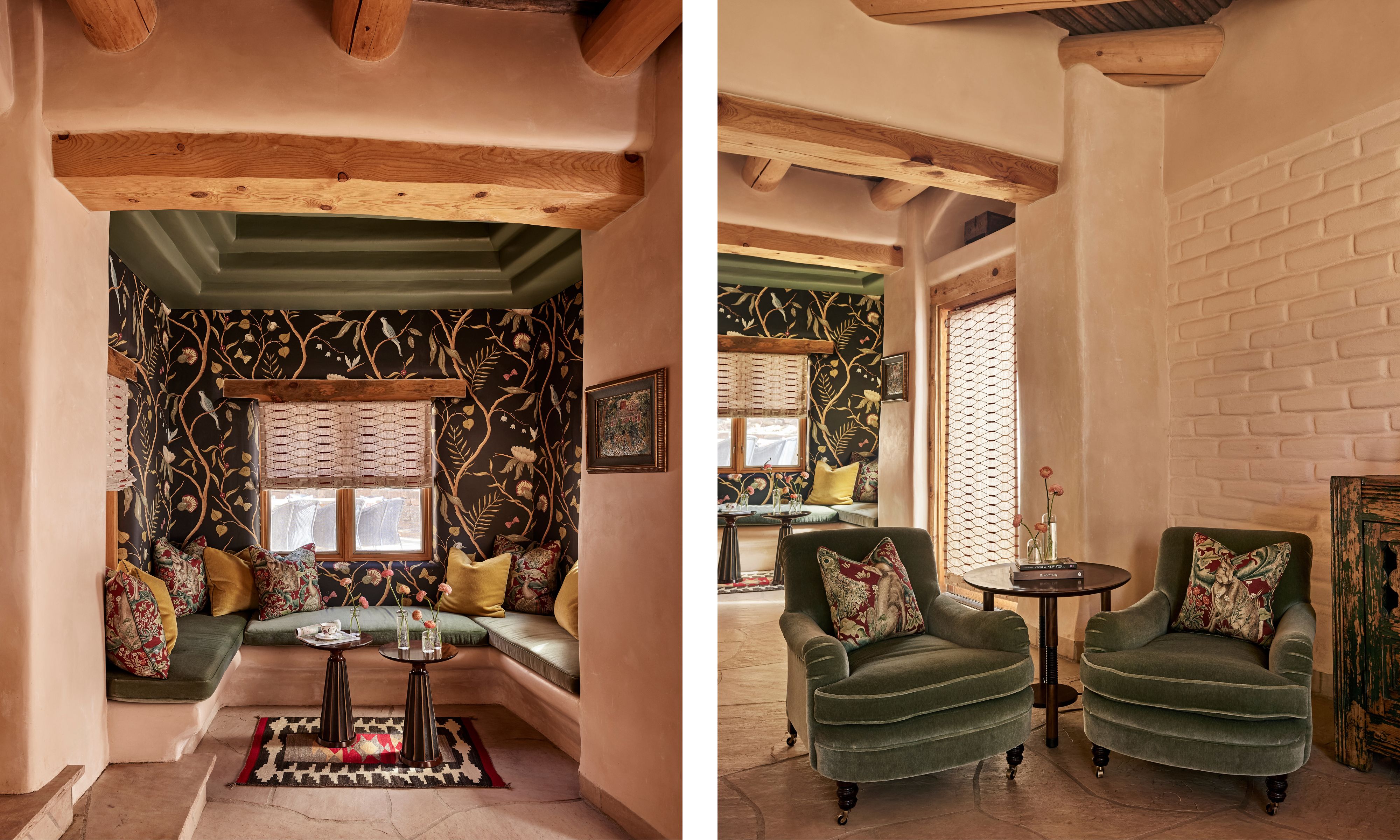 two side by side images of a Santa Fe home with a banquette nook with botanical wallpaper, flagstone floors and chunky ceiling beams