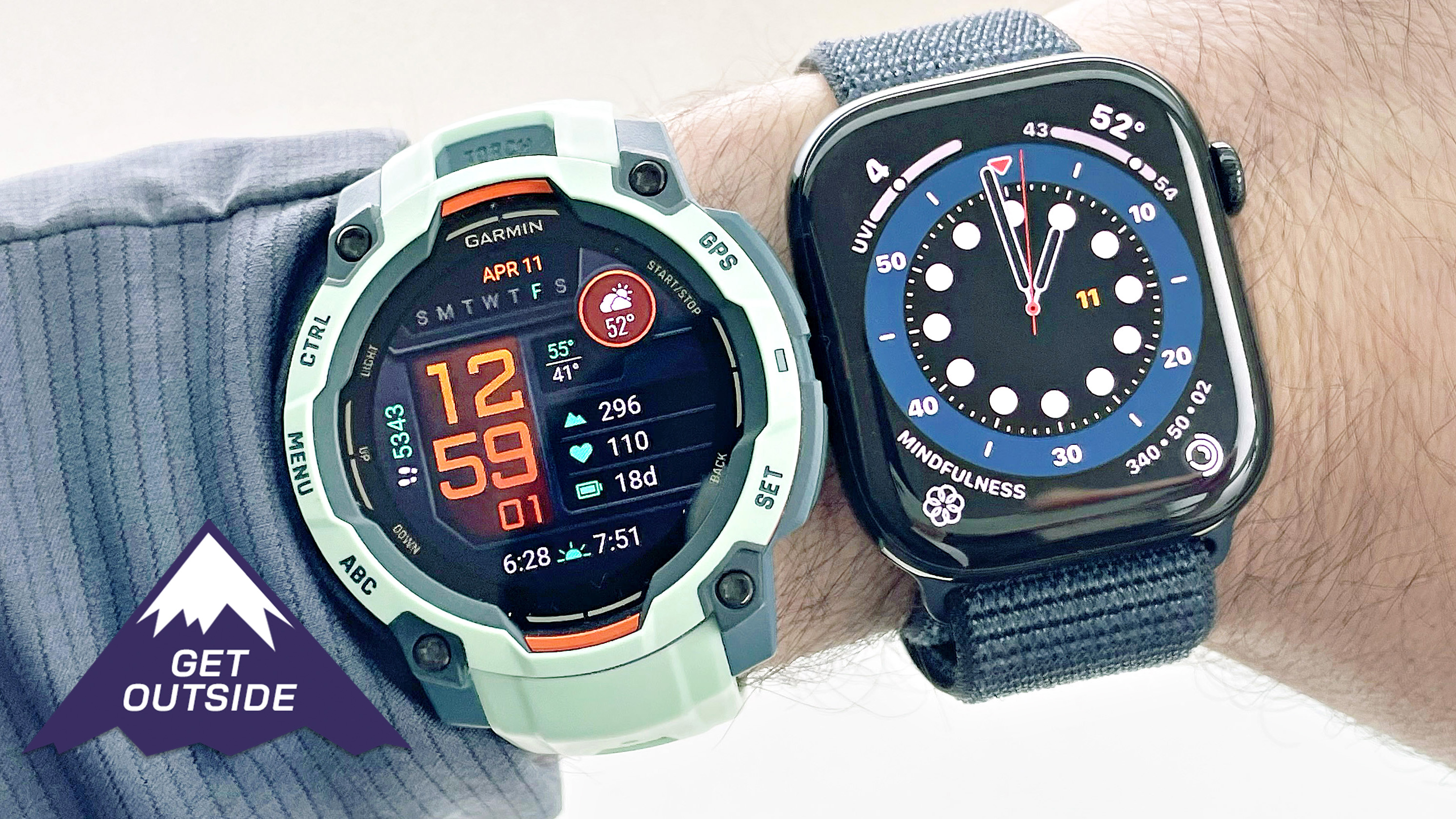 Close-up a user&#039;s wrist wearing both the Garmin Instinct 3 in teal and Apple Watch Series 10 on a blue band