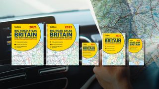 A range of Collins road maps superimposed over a car dash board and an open map