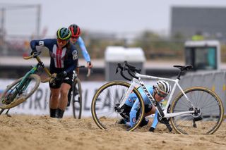 OOSTENDE BELGIUM JANUARY 30 Rebecca Fahringer of The United States and Sanne Cant of Belgium Crash during the 72nd UCI CycloCross World Championships Oostende 2021 Women Elite a 146km UCICX CXWorldCup Ostend2021 CX on January 30 2021 in Oostende Belgium Photo by Luc ClaessenGetty Images