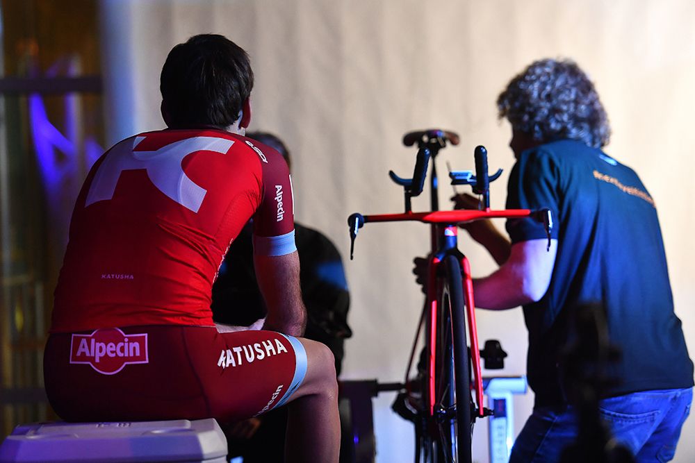 Baptiste Planckaert waits his turn on the time trial bike