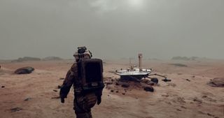 astronaut walking nearby a small robotic lander on a mars-like planet