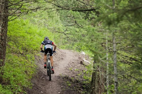 Sam Schultz (Subaru Trek) on some nicely benched singletrack on the Missoula XC course.