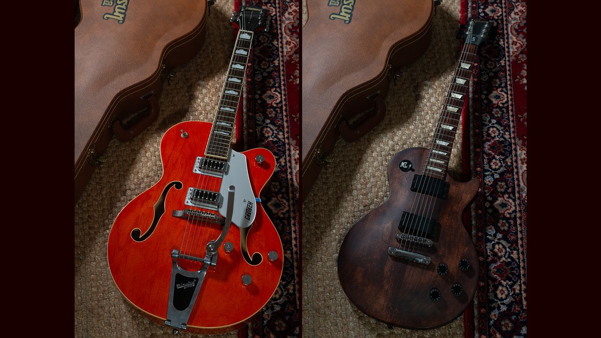 Sekonic Studio Deluxe III L-398A used to expose image of orange Gretsch Electromatic G5420T and Chocolate Satin Gibson LPJ 2013