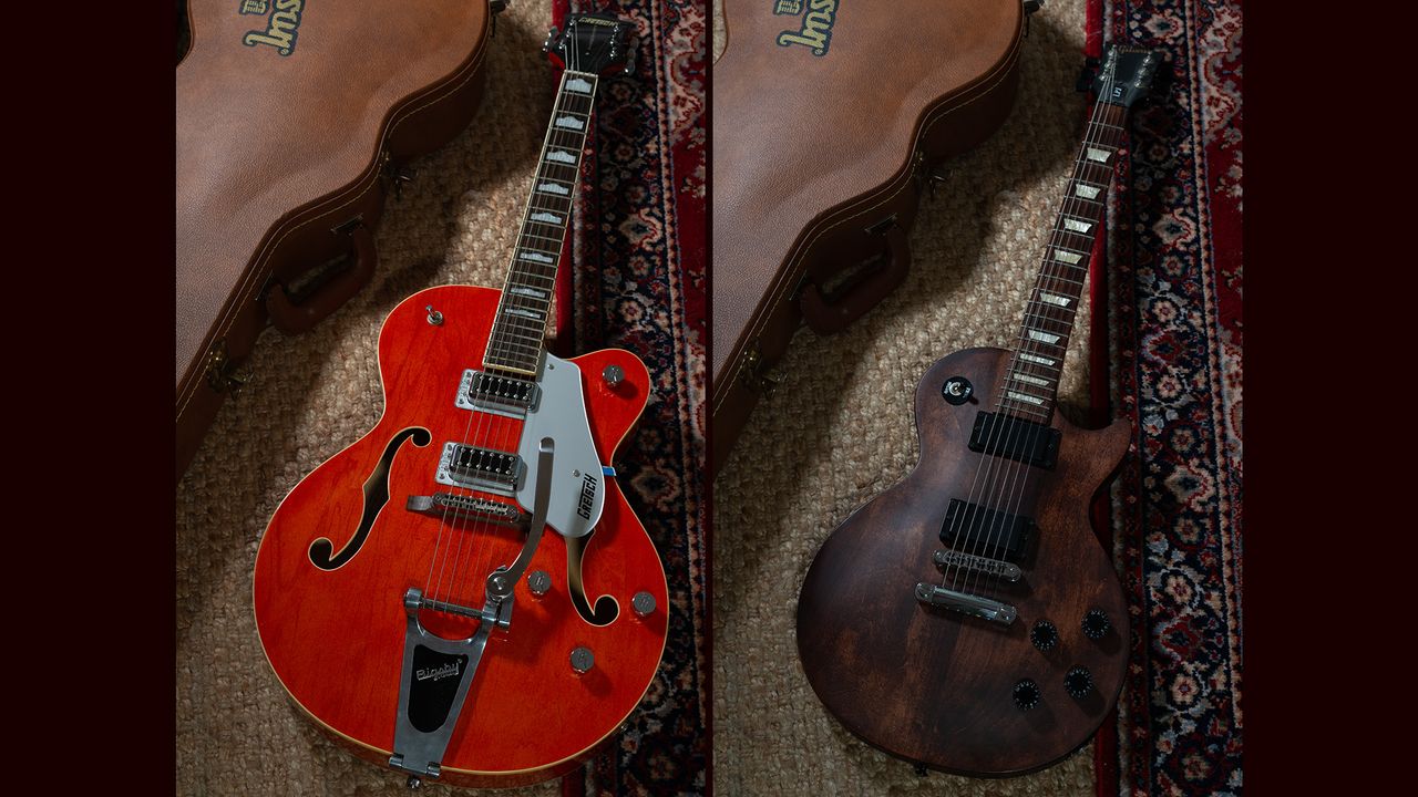 Sekonic Studio Deluxe III L-398A used to expose image of orange Gretsch Electromatic G5420T and Chocolate Satin Gibson LPJ 2013