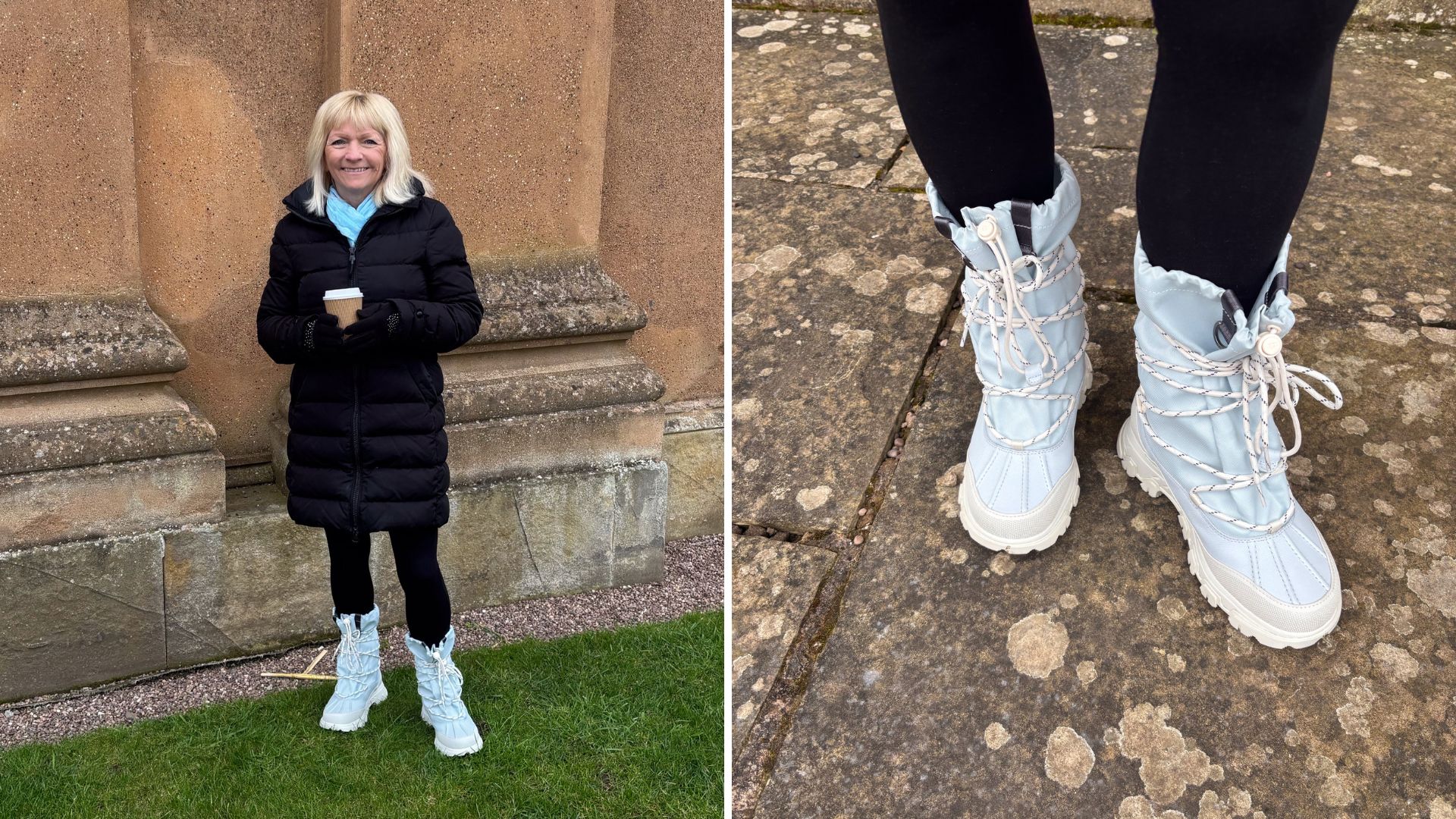 Two images of a tester in UGG MetroPeak boots