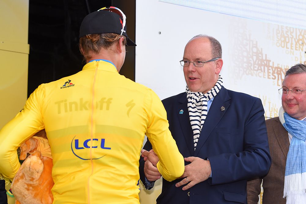 Prince Albert of Monaco congratulates Peter Sagan after stage 2 of the 2016 Tour de France