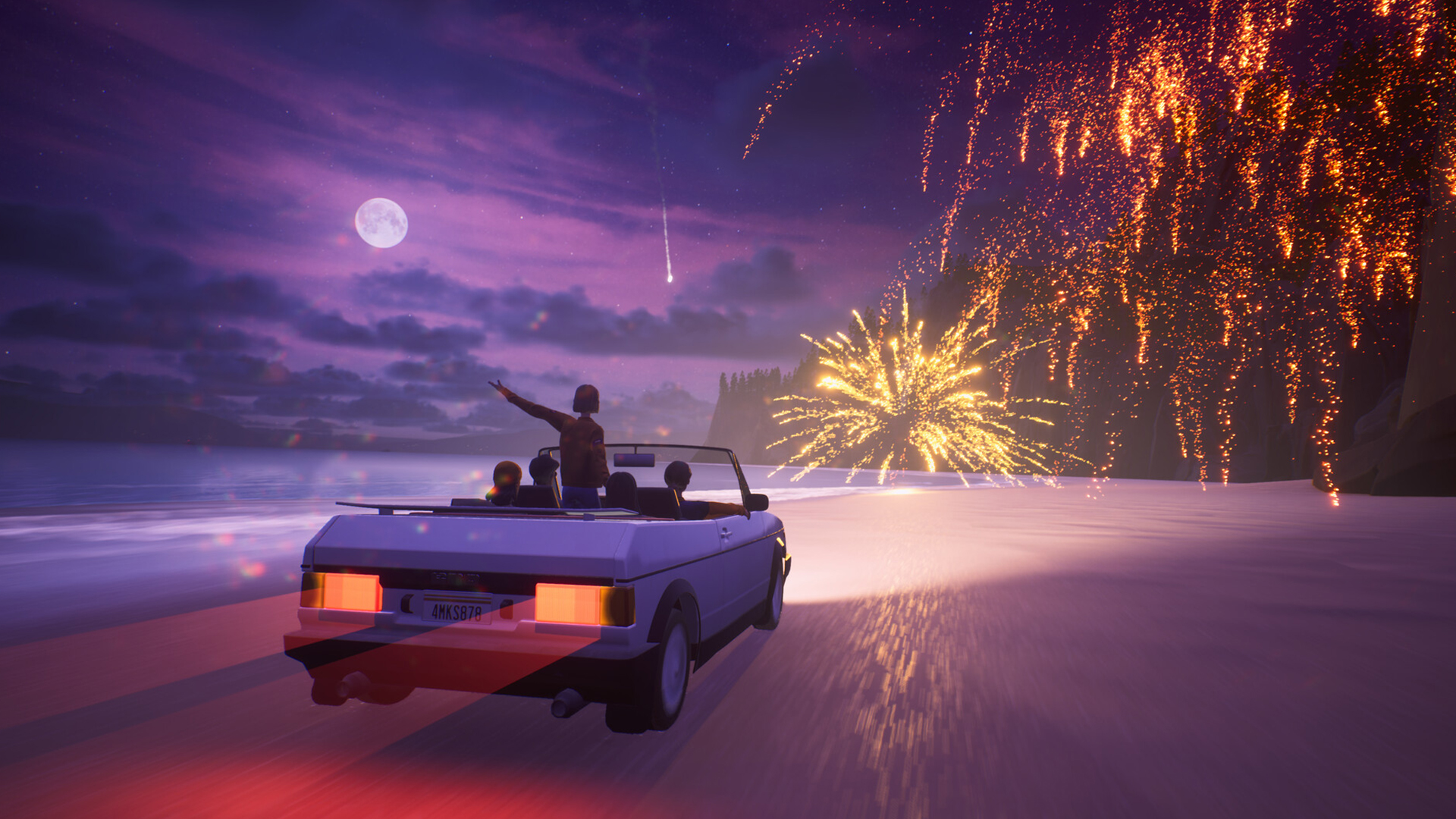 Mixtape screenshot showing three teenagers driving a car along a beach as fireworks explode in the sky