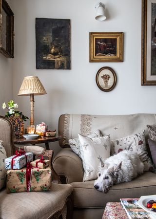 dog on sofa with christmas presents