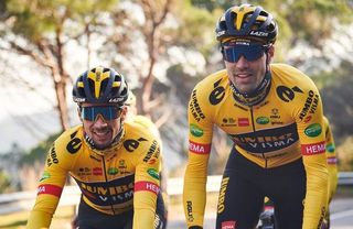 Primož Roglič (left) and Tom Dumoulin show off the 2022 Jumbo-Visma jersey