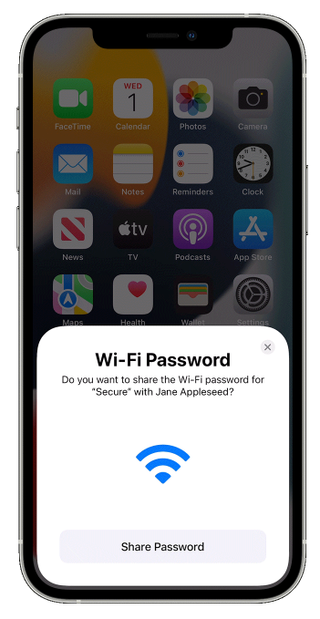 An iPhone screen displaying a 'share wifi password' message