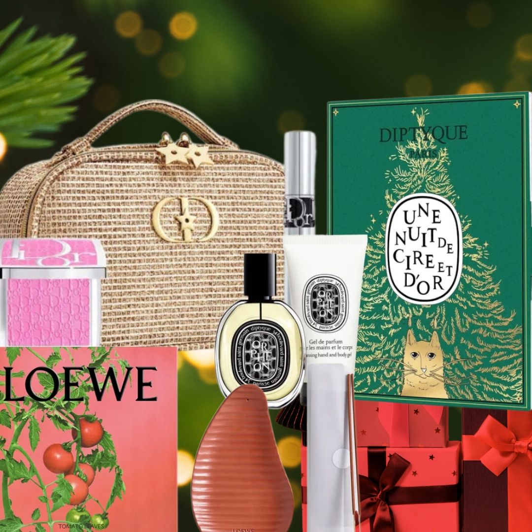 collage of christmas presents and holiday beauty gift sets from dior and diptyque