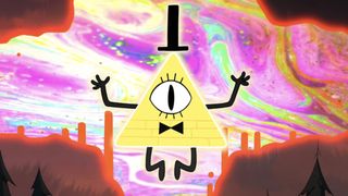 Bill Cipher floating in front of colorful background with his hands raised up in Gravity Falls Season 2