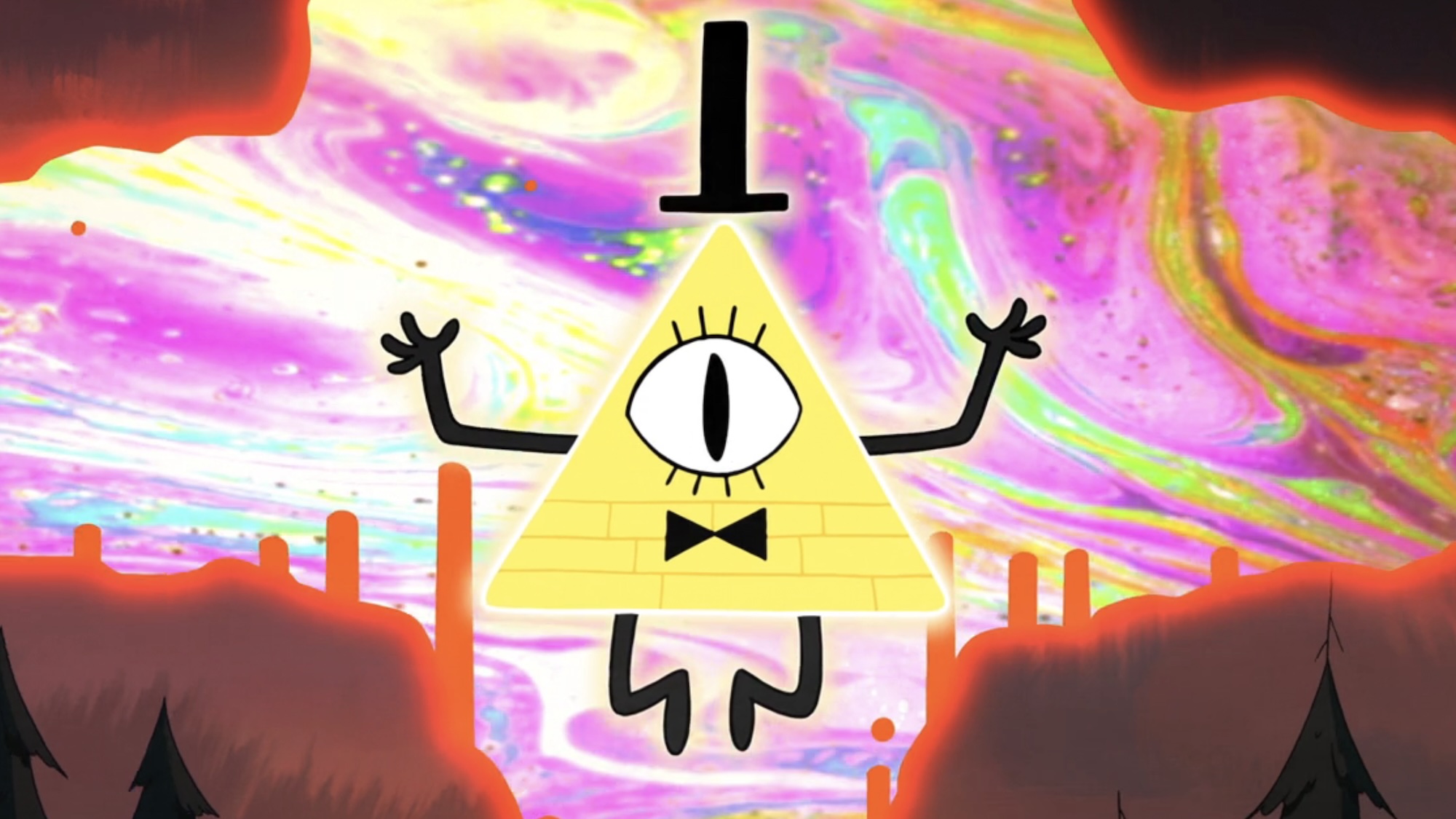 Bill Cipher floating in front of colorful background with his hands raised up in Gravity Falls Season 2