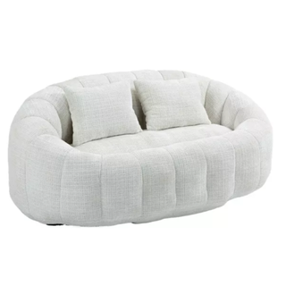 A beige chenille lazy sofa bean bag couch