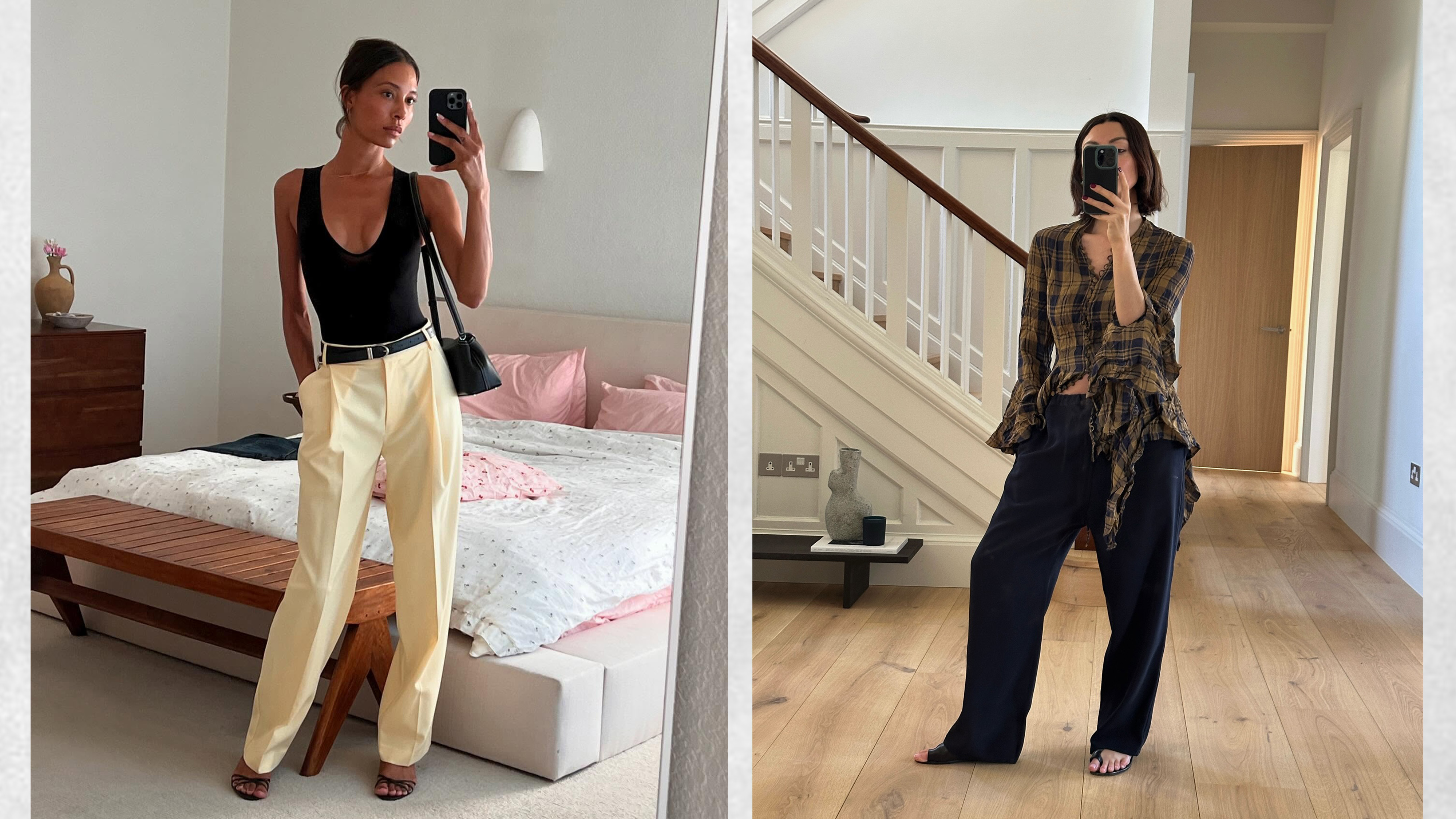 A collage of two women wearing trousers and sandal outfits.