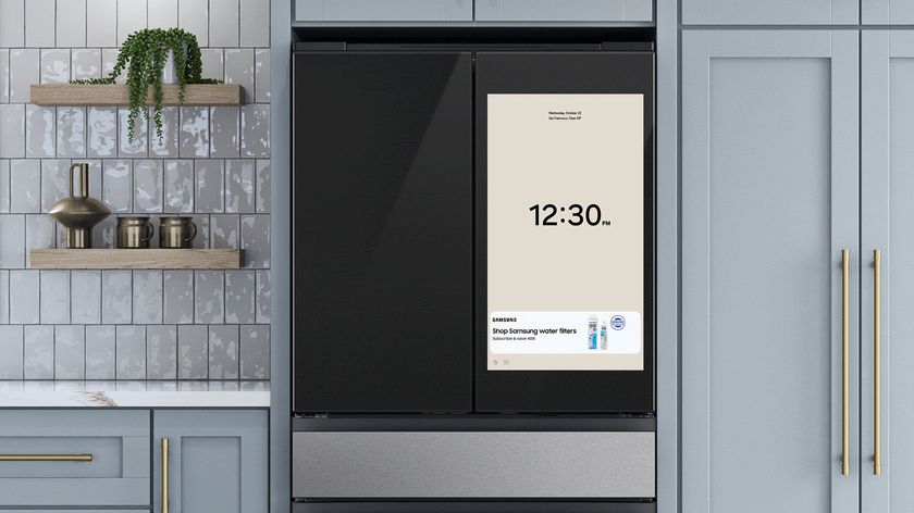 A Samsung smart fridge showing an ad