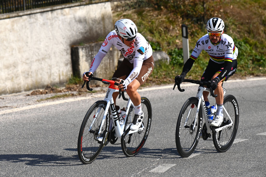 FERMO ITALY MARCH 11 LR Benoit Cosnefroy of France and AG2R Citroen Team and Julian Alaphilippe of France and Team QuickStep Alpha Vinyl compete during the 57th TirrenoAdriatico 2022 Stage 5 a 155km stage from Sefro to Fermo 317m TirrenoAdriatico WorldTour on March 11 2022 in Fermo Italy Photo by Tim de WaeleGetty Images