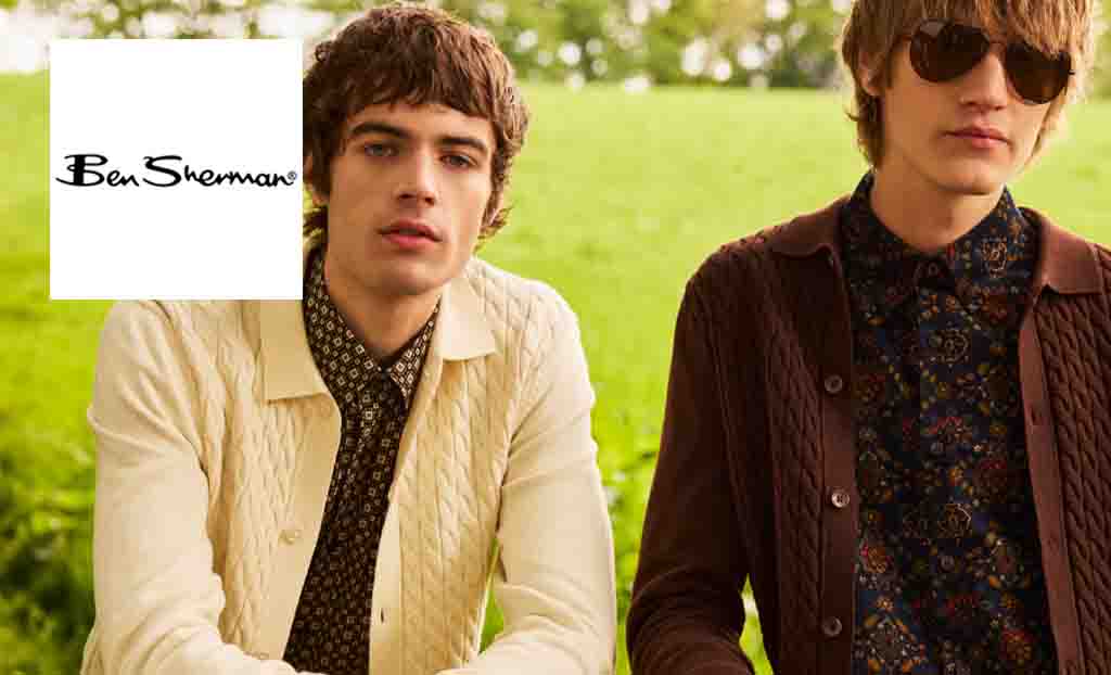 Ben Sherman logo top left with two boys with long haircuits posing in a field