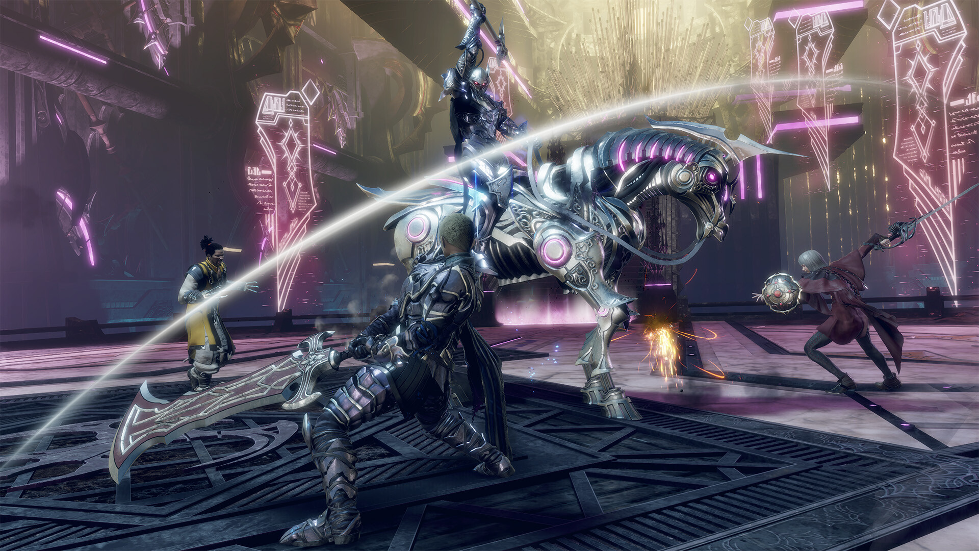 Three characters fighting a mechanical horse during the real-time combat RPG Stranger of Paradise: Final Fantasy Origin