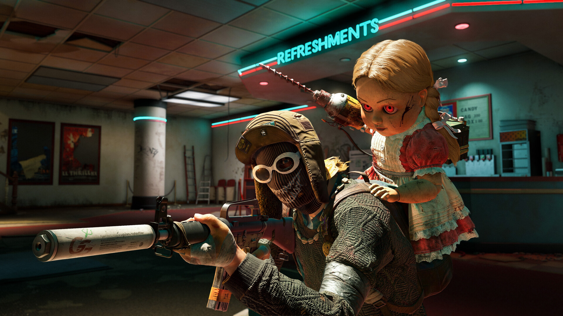 A character from PUBG: Dednet wielding a gun with a doll holding a drill rides on his back