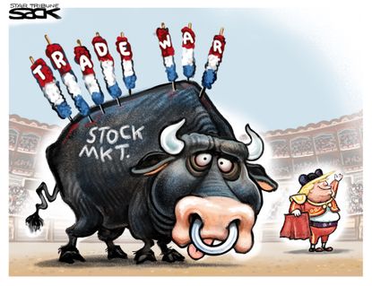 Political Cartoon U.S. Trump Trade War Stock Market Bull