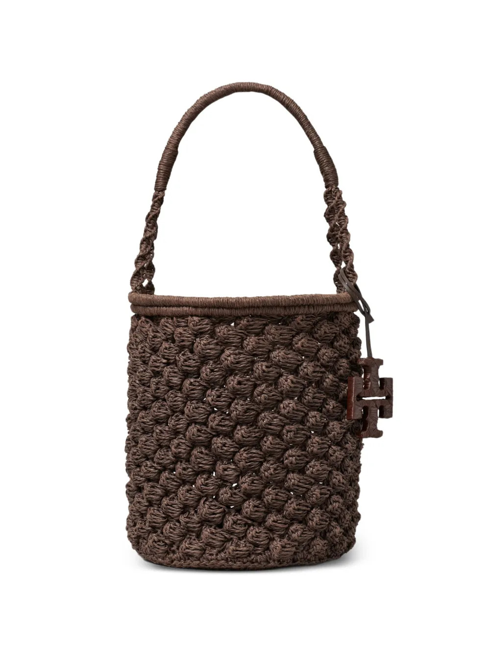 An image of a brown bucket bag in crochet popcorn texture