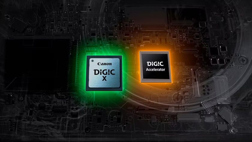 A press shot from Canon showing the inside view of a Canon camera where the Digic X and Digic Accelerator can be seen highlighted with a green and orange glow