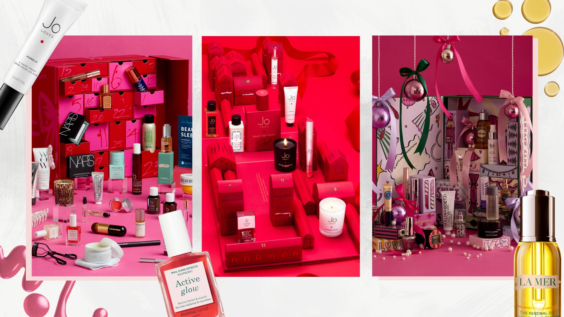 Collage of the best beauty advent calendars (L-R) Harvey Nichols, Jo Loves and Anthropologie, on a white marble background with oil and a pink nail polish swatch, plus the contents of the advent calendars