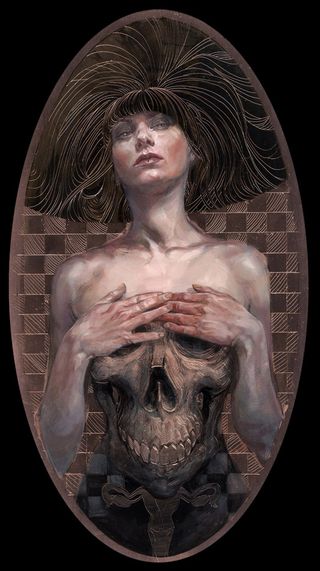 A woman with skull on chest by one of the best horror artists