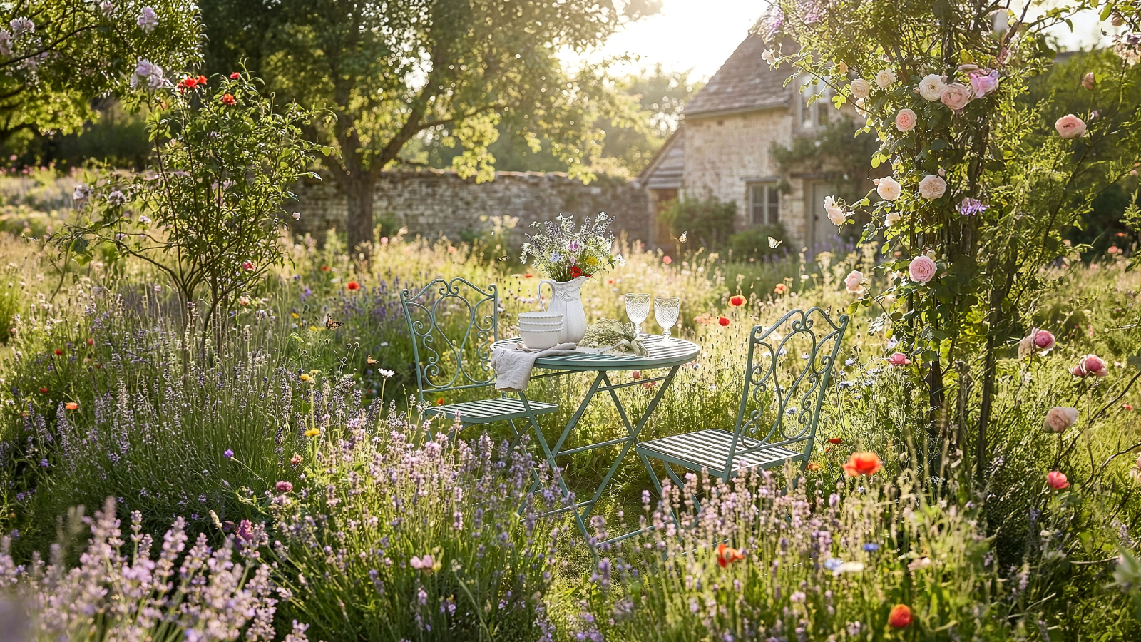 meadow lawn with plant, grasses and bistro dining set in middle