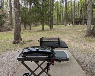 Wide view of Weber Traveller gas grill in woodland area
