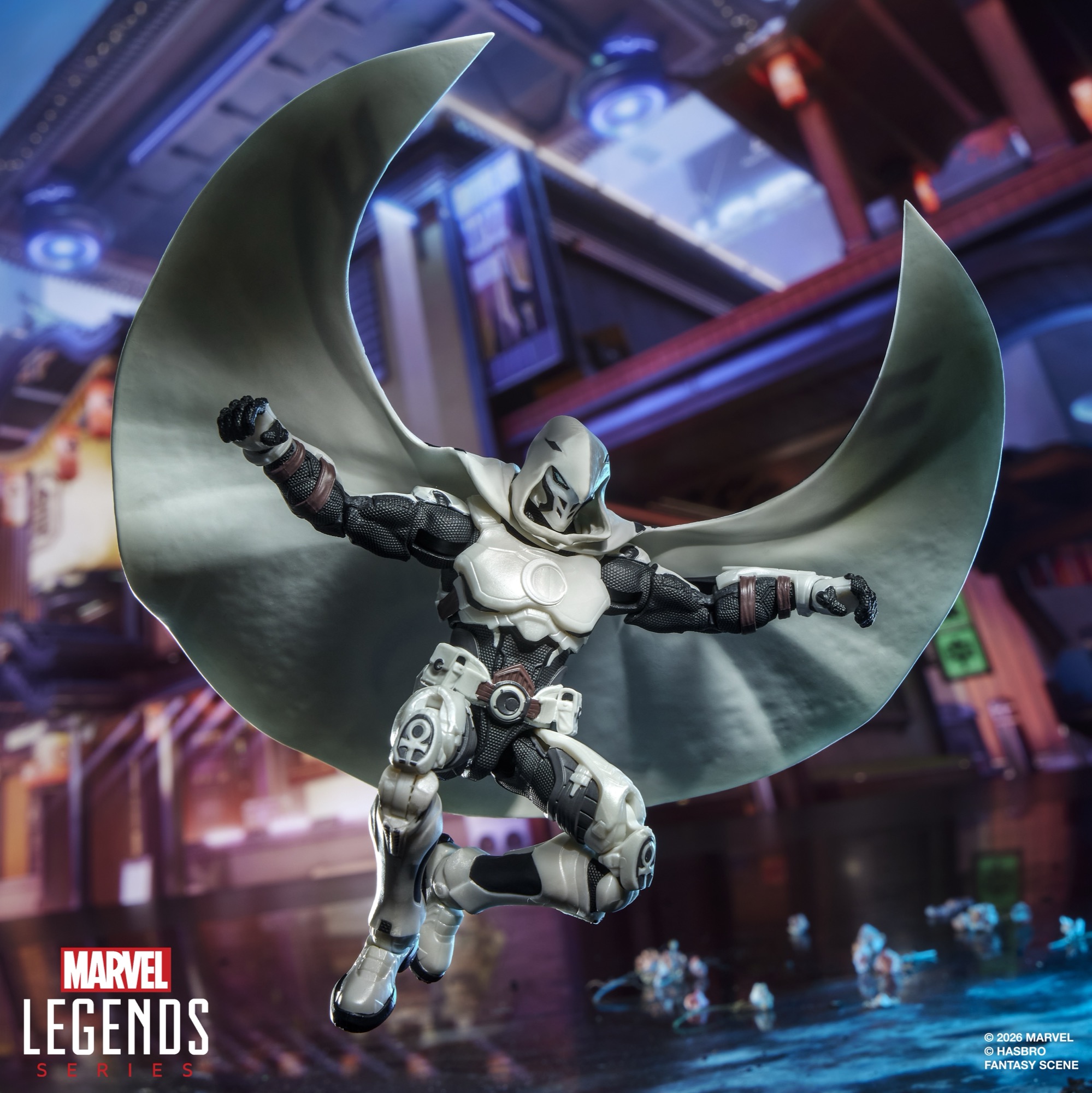 Marvel Rivals Moon Knight action figure posed against a colorful background