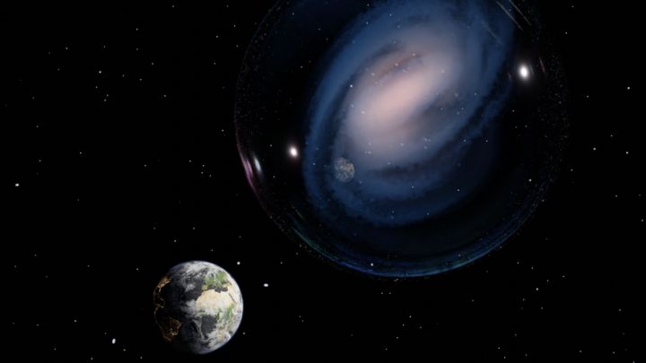 An artistic representation of the spiral barred galaxy ceers-2112, observed in the early universe. The Earth is reflected on an illusive bubble surrounding the galaxy, recalling the connection between the Milky Way and ceers-2112.