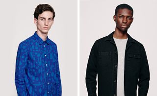 Two images of male models. One wearing a blue patterned shirt and the other wearing a black shirt.