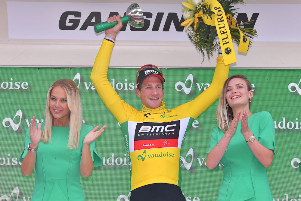 Stefan Kung (BMC) in yellow after stage 3 at Tour de Suisse
