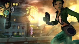 Jade holding a gun while moving through the city at night in the PS2 game Beyond Good & Evil.