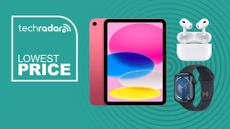 iPad, AirPods and Apple Watch on a green background