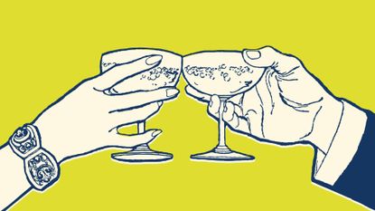 Illustration of couple clinking glasses of no-alcohol champagne, to represent sober dating