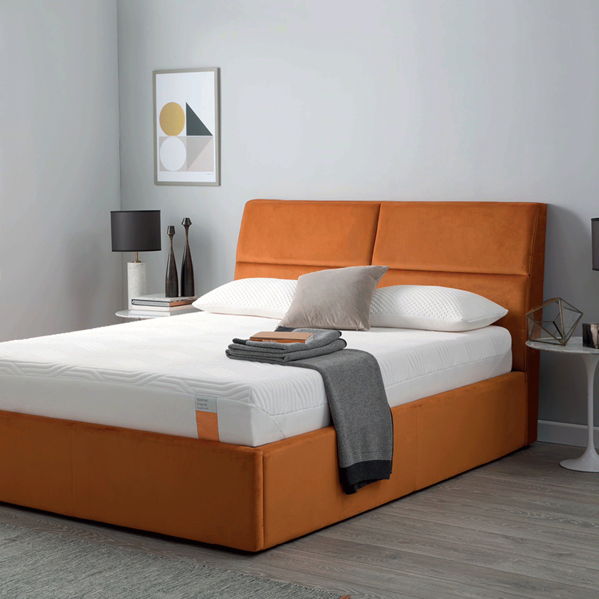 Orange ottoman bed with mattress
