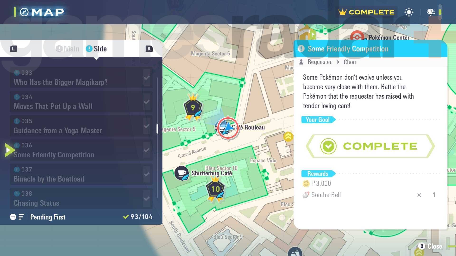 Pokemon Legends: Z-A screenshot shows side mission 36 location.