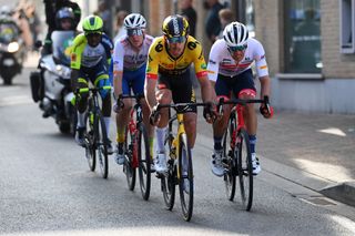 WEVELGEM BELGIUM MARCH 27 LR Biniam Hailu Girmay of Eritrea and Team Intermarch Wanty Gobert Matriaux Dries Van Gestel of Belgium and Team Total Energies Jasper Stuyven of Belgium and Team Trek Segafredo and Christophe Laporte of France and Team Jumbo Visma compete in the breakaway during the 84th GentWevelgem in Flanders Fields 2022 Mens Elite a 2488km one day race from Ypres to Wevelgem GWE22 WorldTour on March 27 2022 in Wevelgem Belgium Photo by Tim de WaeleGetty Images