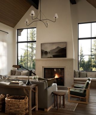 neutral living room with modern decor, white walls and large windows with wood sloped ceiling