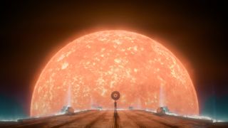 A person stood on a platform with a large, nearby star behind them.