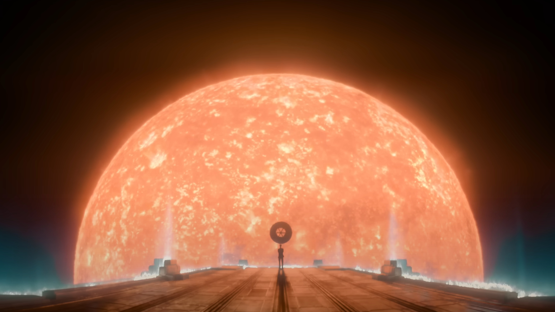 A person stood on a platform with a large, nearby star behind them.