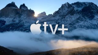 The Apple TV Plus logo floating against a rocky mountain background