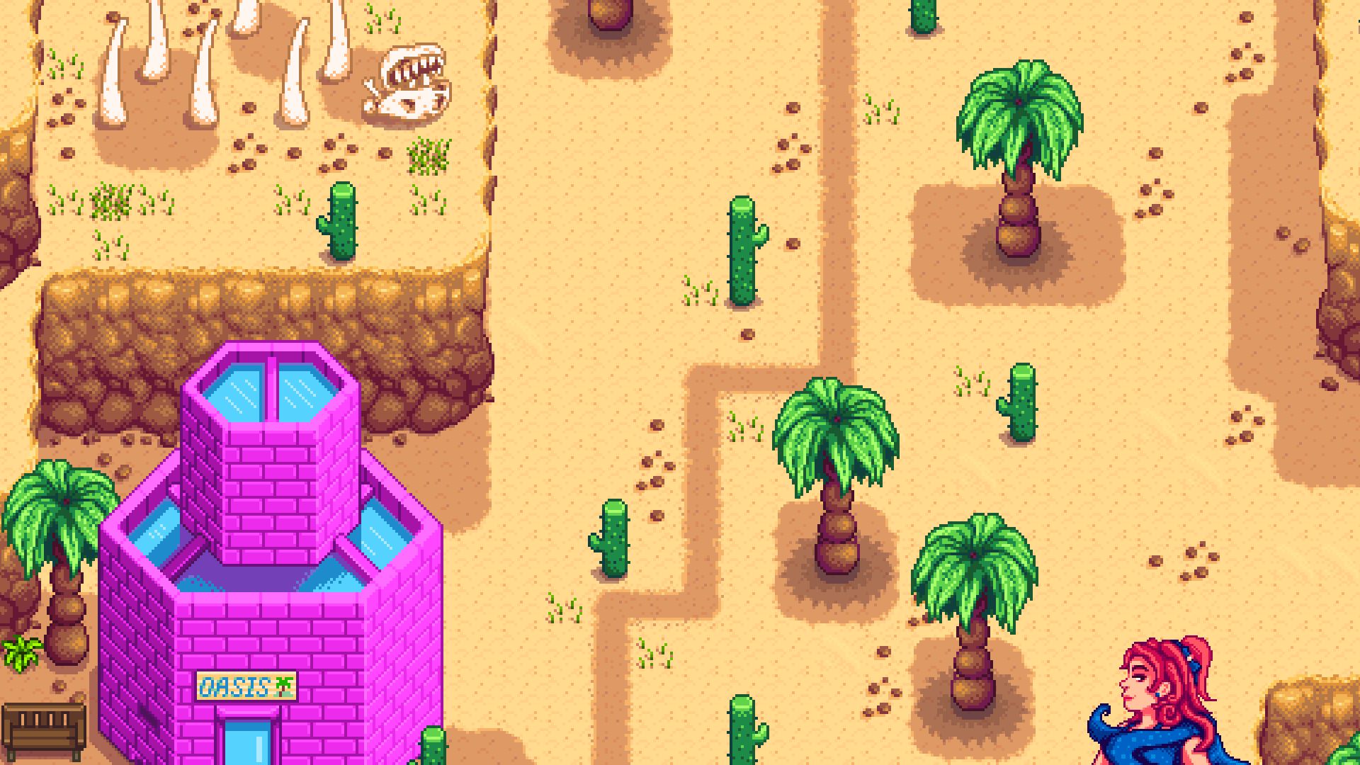 A desert with a pink tower full of water labeled Oasis